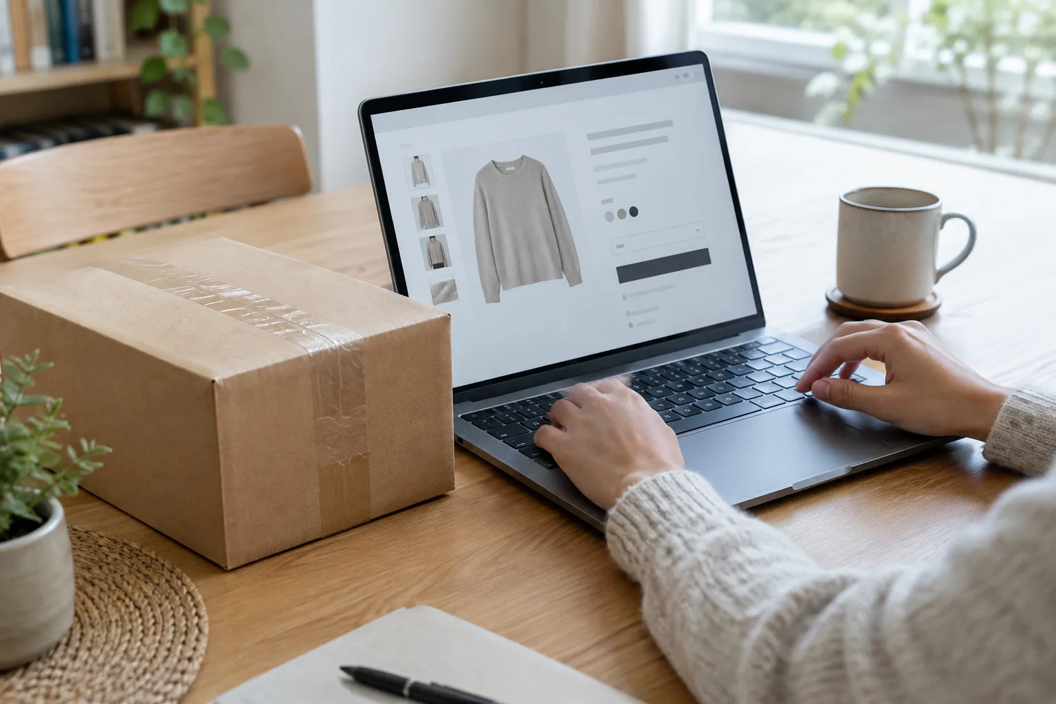 Un colis posé près d’un ordinateur utilisé pour consulter une commande en ligne.