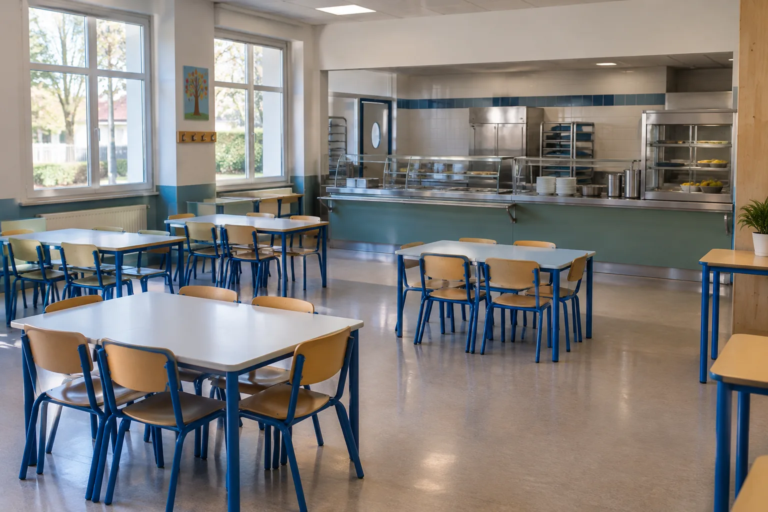 Salle de cantine d’une école primaire, avec des tables et des chaises disposées avant le déjeuner.