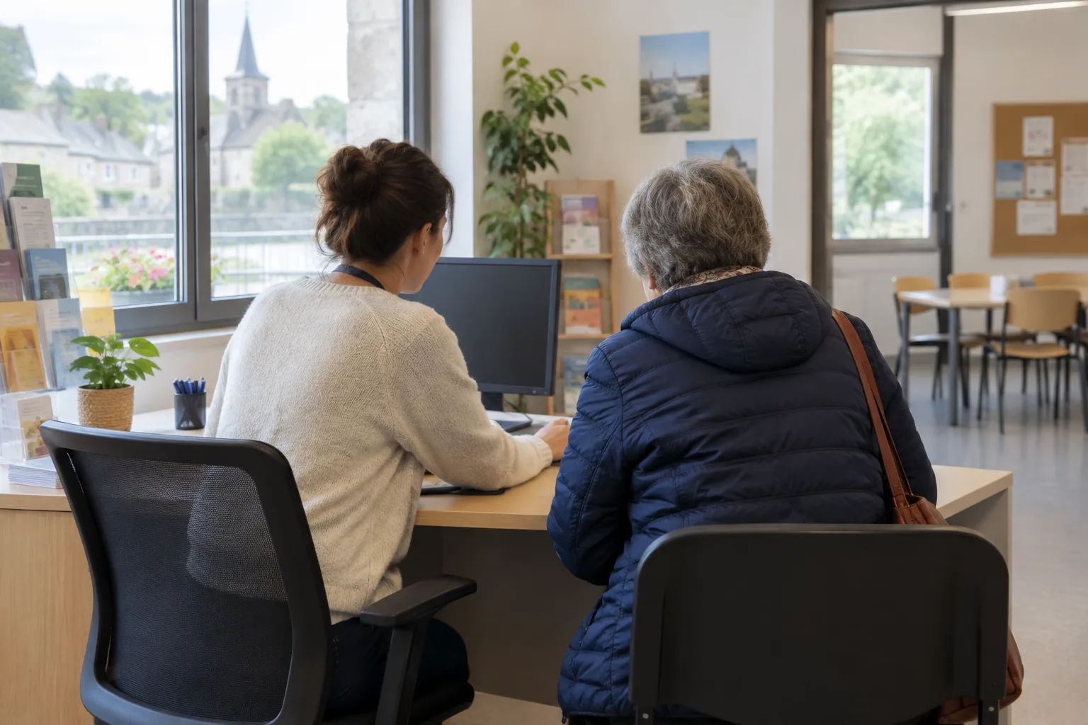 Un agent accompagne une personne dans une démarche administrative à un guichet de proximité.