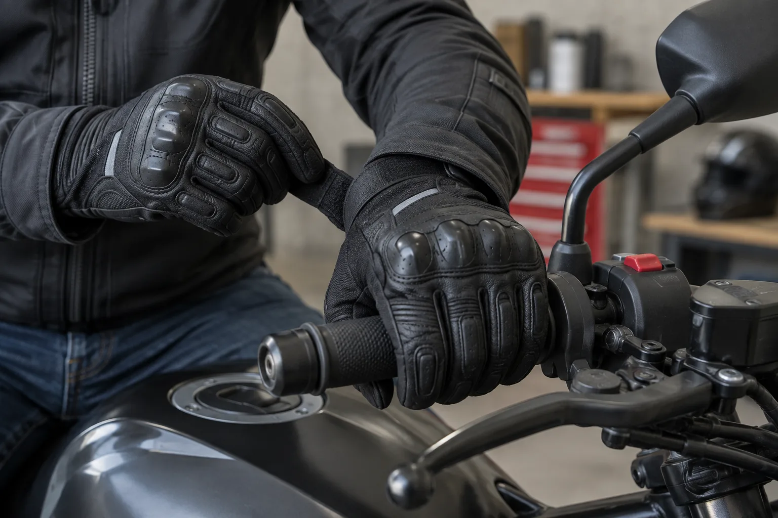 Des mains gantées tiennent une poignée de moto pour vérifier l’ajustement des gants.