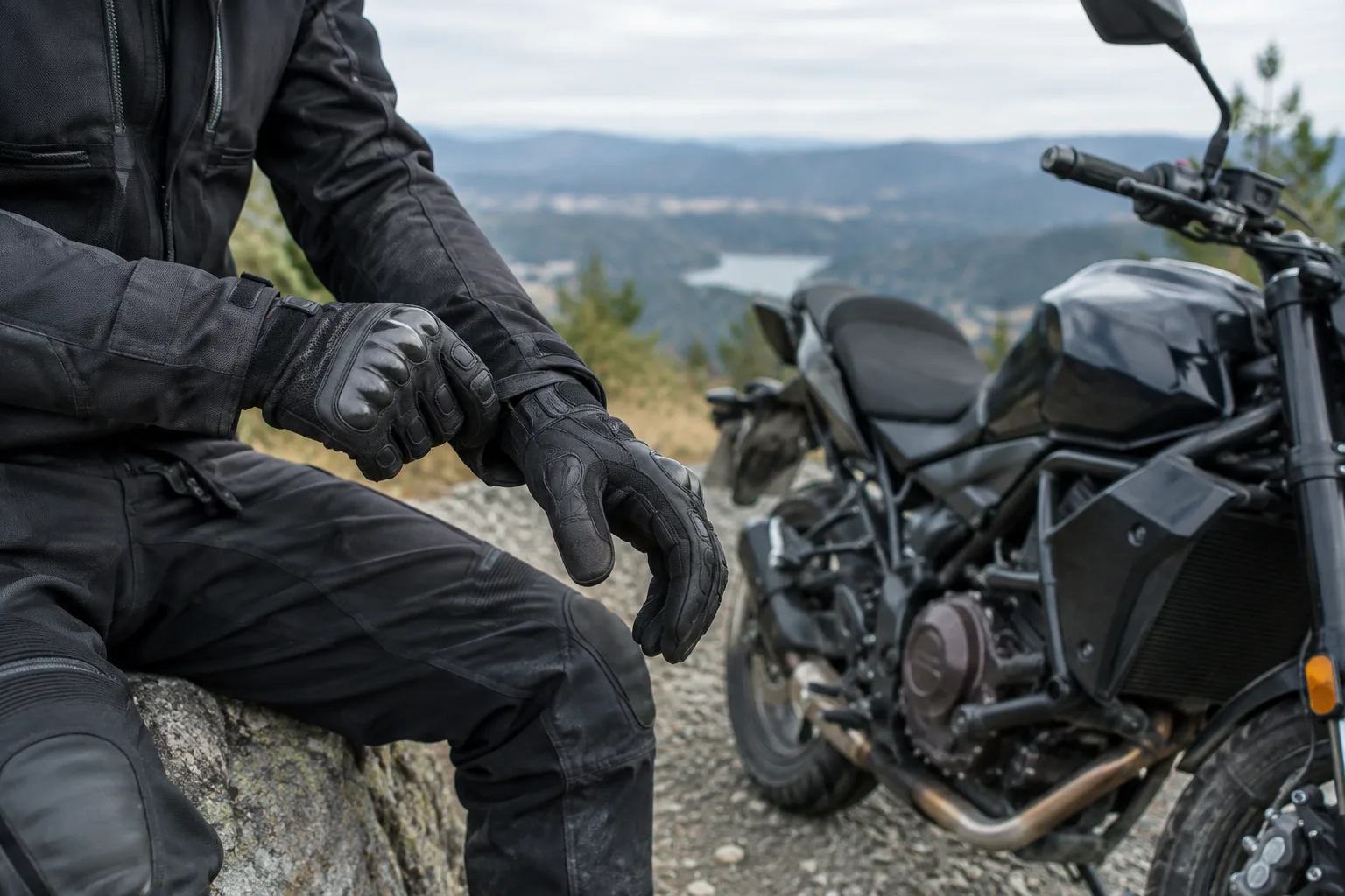 Un motard ajuste ses gants près de sa moto avant de prendre la route.