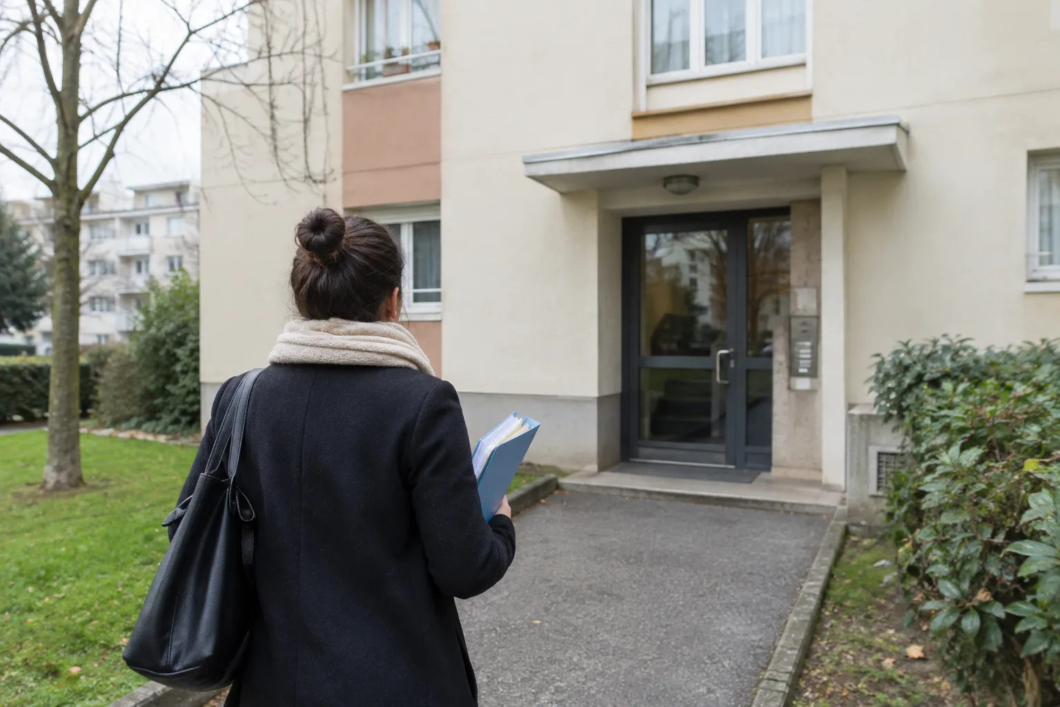 Une personne tenant un dossier devant l’entrée d’un immeuble résidentiel.