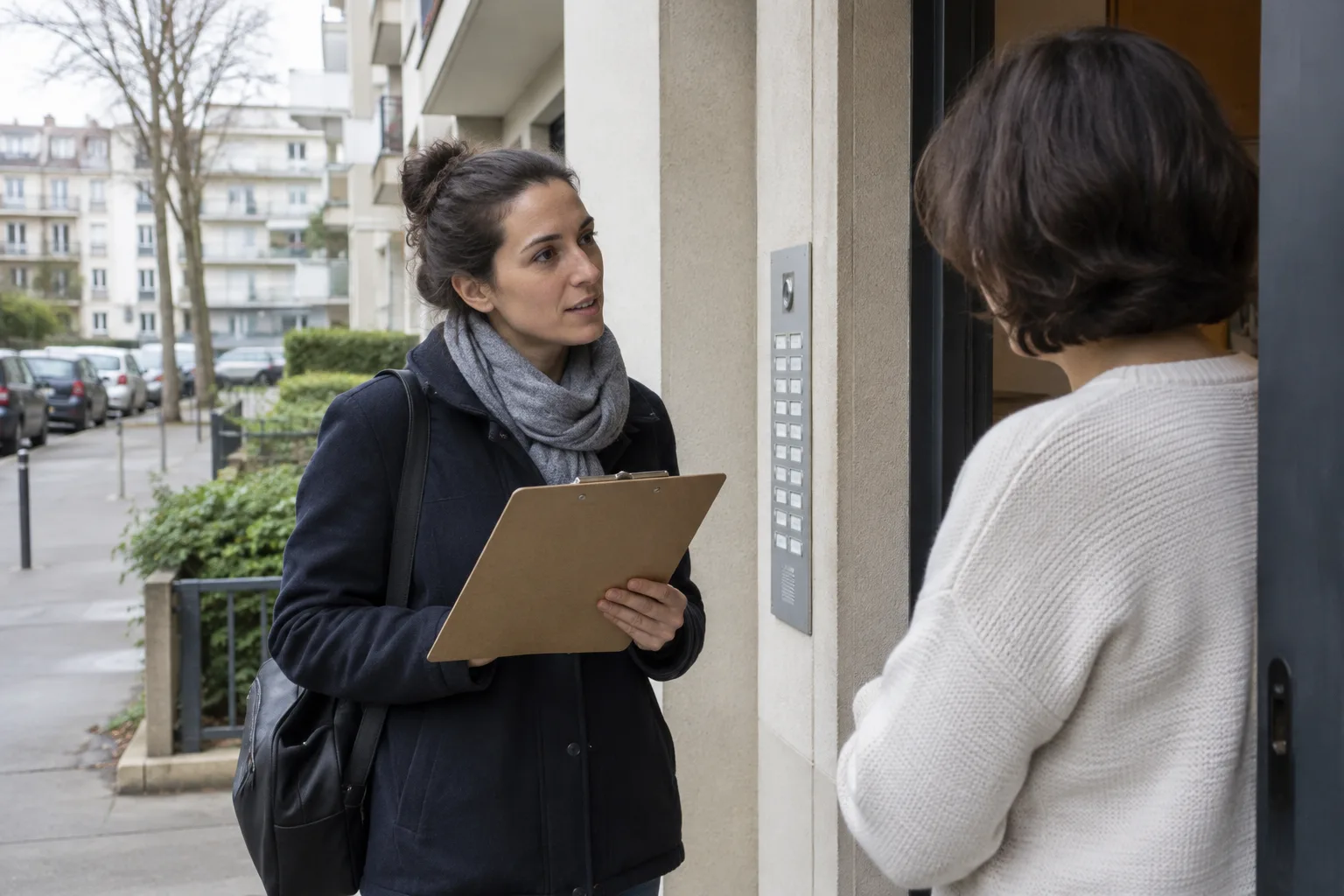 Un agent recenseur échange avec un habitant à l’entrée d’un immeuble.